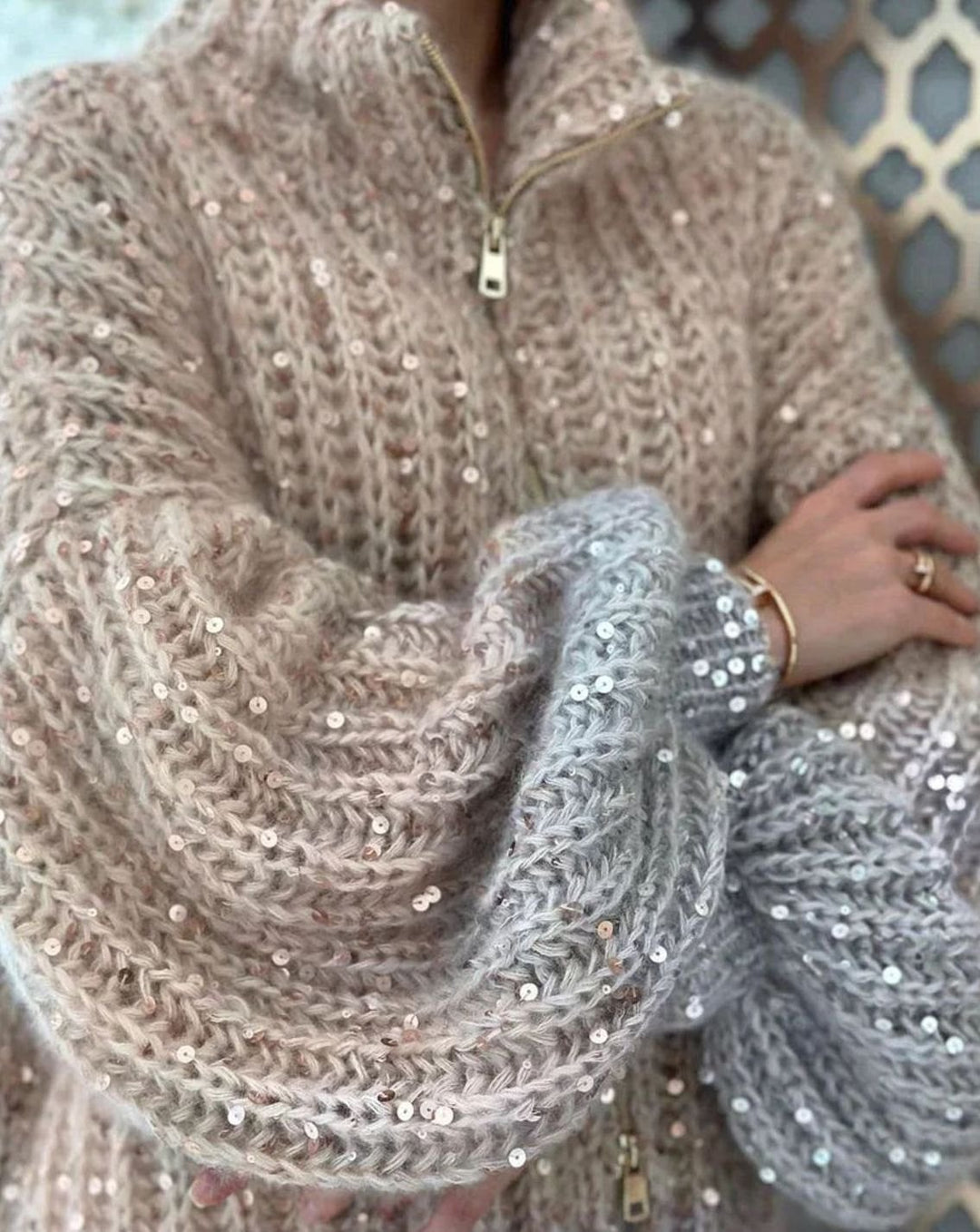 Women's Oversized Knit Cardigan Sequin Embellished Chunky Jumper