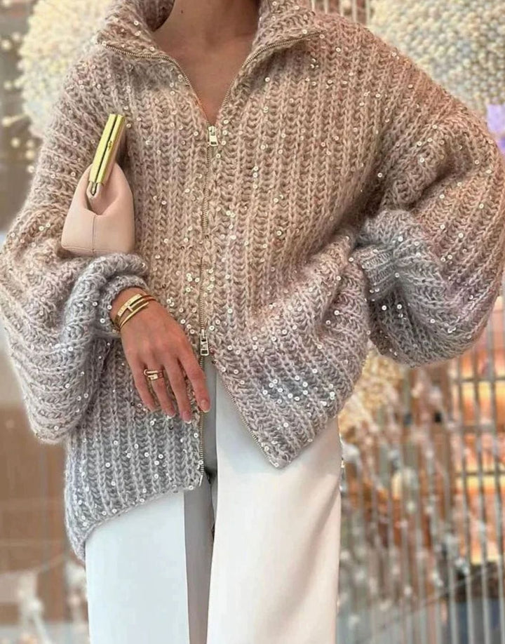 Women's Oversized Knit Cardigan Sequin Embellished Chunky Jumper