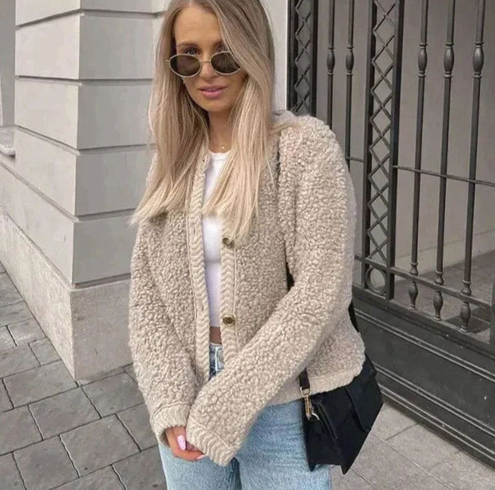 Women's Oversized Knit Cardigan Teddy Fleece Button-Up Jacket