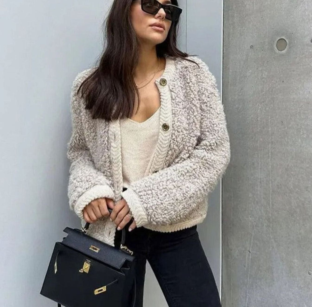 Women's Oversized Knit Cardigan Teddy Fleece Button-Up Jacket