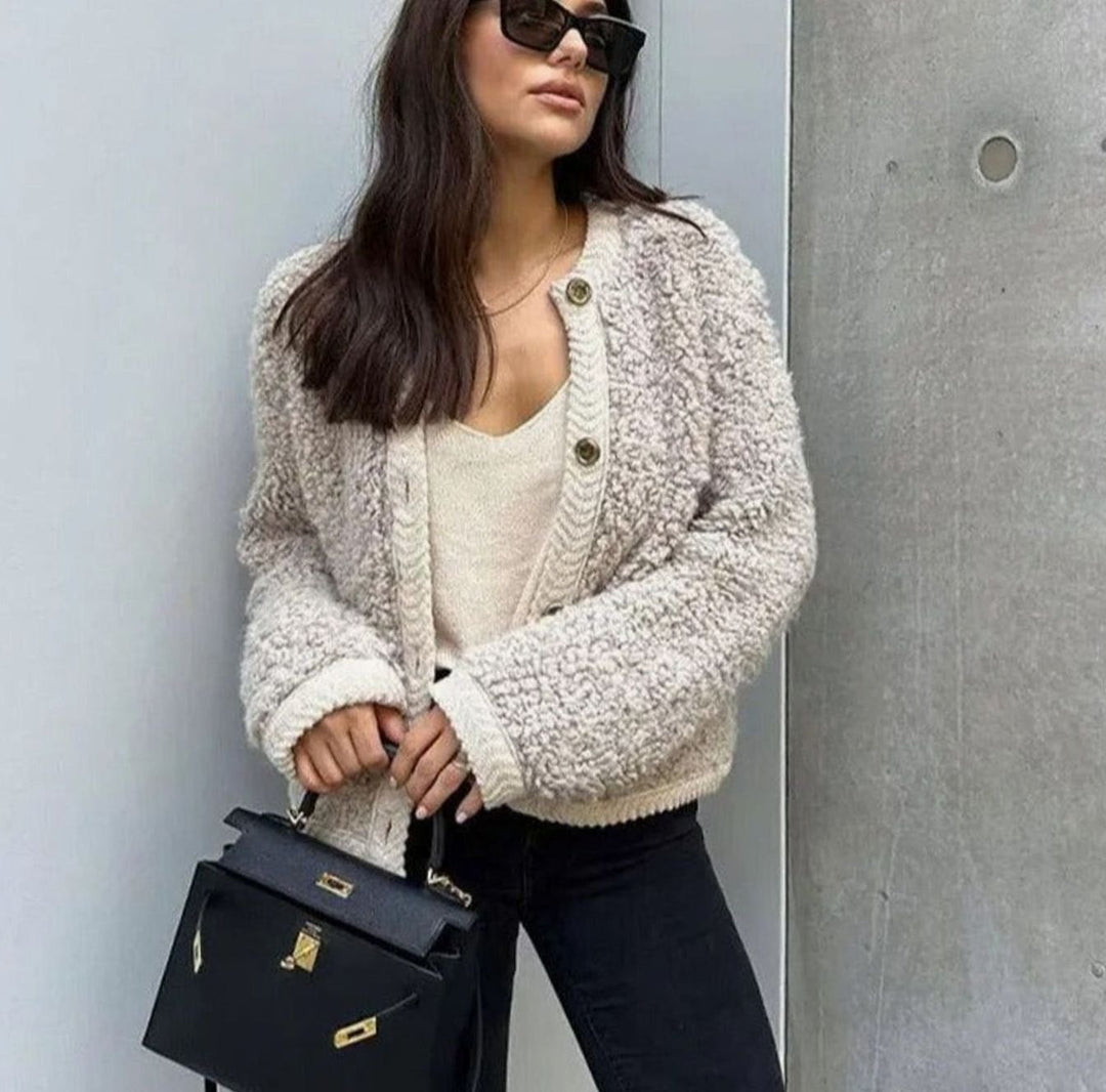 Women's Oversized Knit Cardigan Teddy Fleece Button-Up Jacket