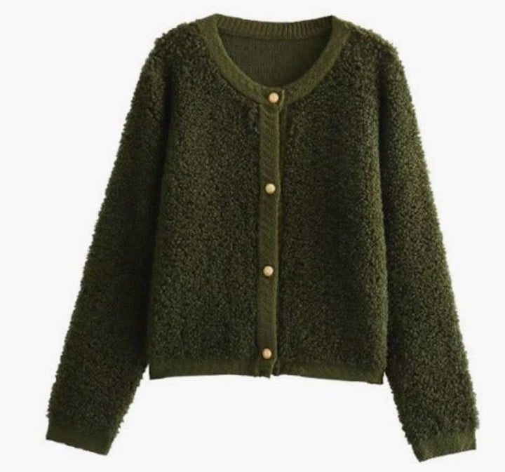 Women's Oversized Knit Cardigan Teddy Fleece Button-Up Jacket