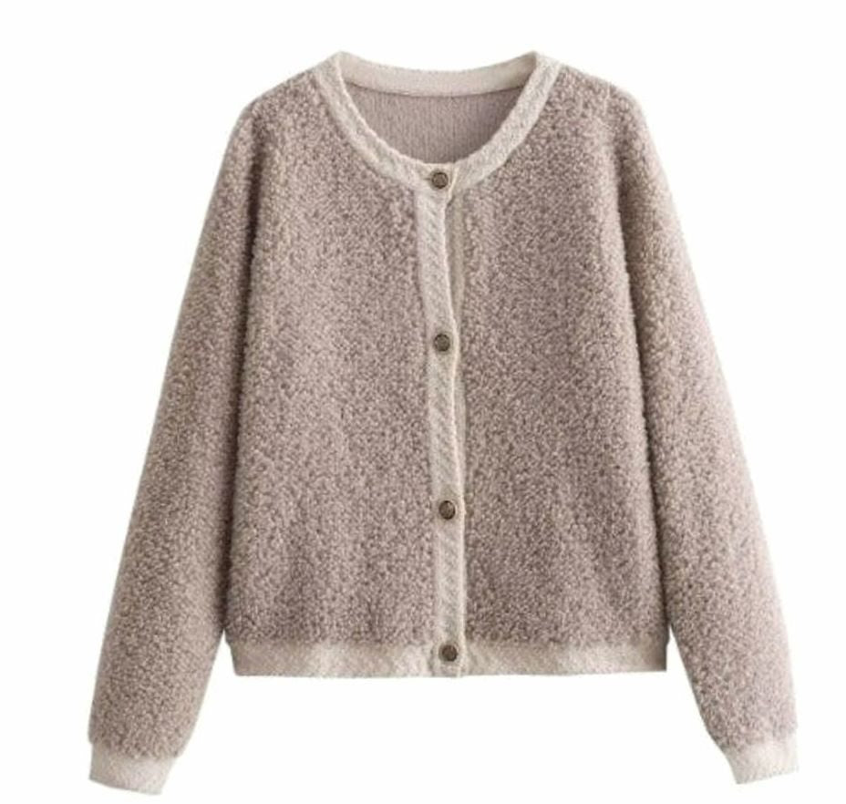 Women's Oversized Knit Cardigan Teddy Fleece Button-Up Jacket