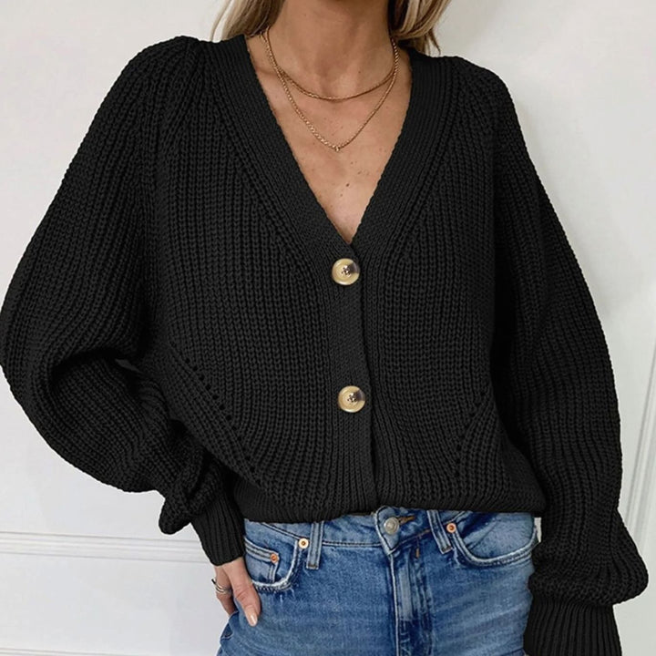 Women's Oversized Knit Cardigan V-Neck Button-Up Balloon Sleeve