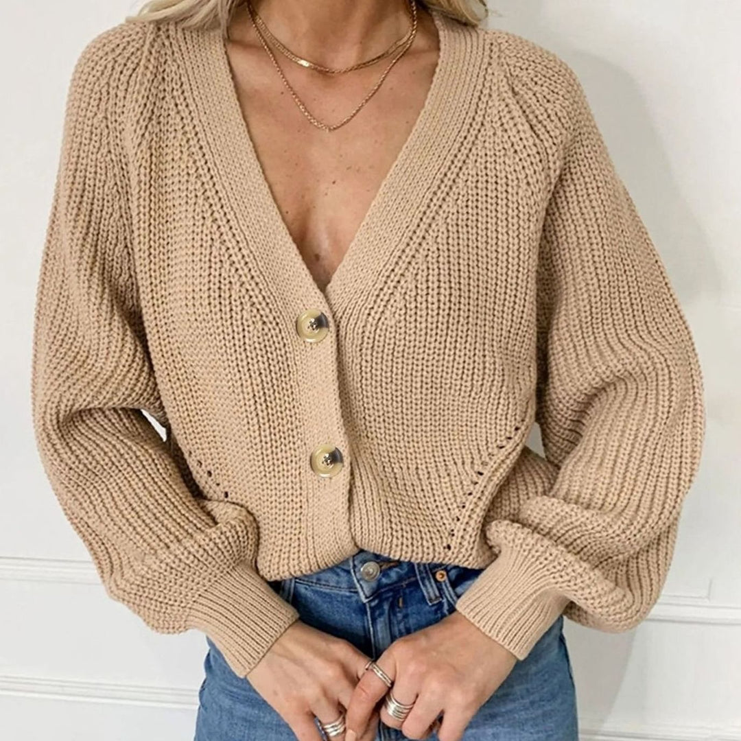 Women's Oversized Knit Cardigan V-Neck Button-Up Balloon Sleeve