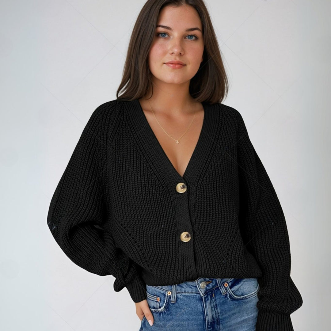 Women's Oversized Knit Cardigan V-Neck Button-Up Balloon Sleeve