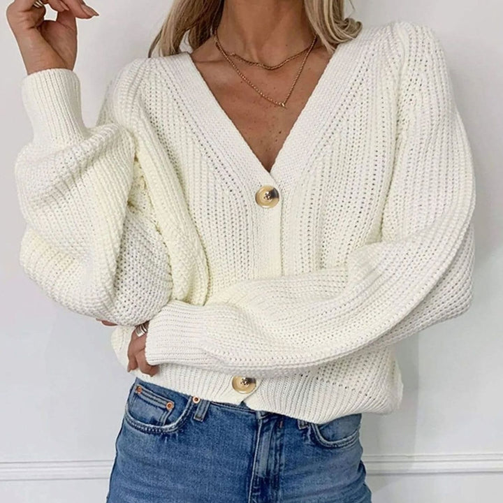Women's Oversized Knit Cardigan V-Neck Button-Up Balloon Sleeve