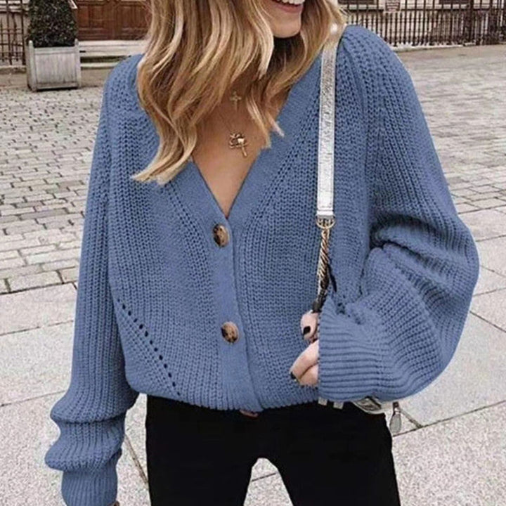 Women's Oversized Knit Cardigan V-Neck Button-Up Balloon Sleeve
