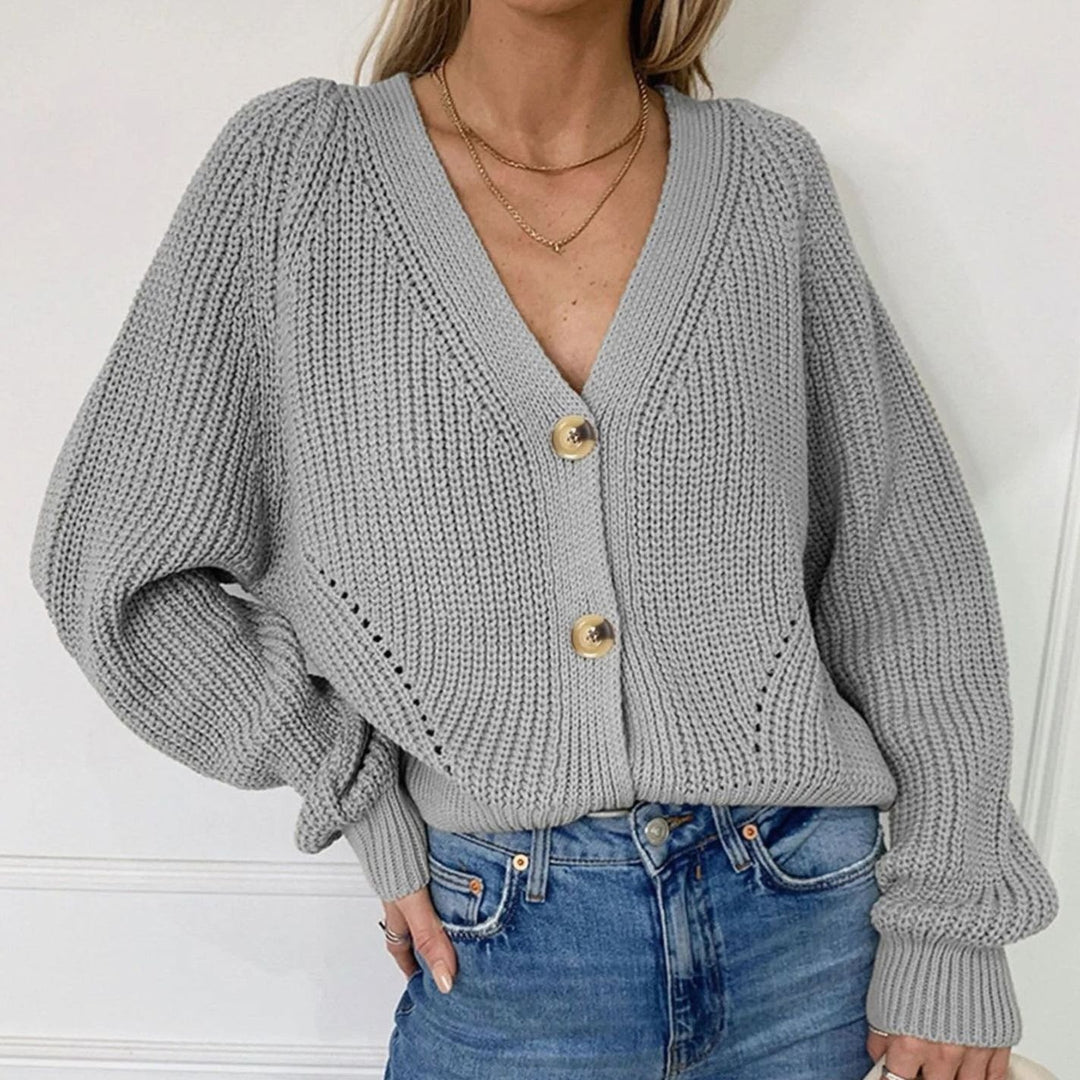 Women's Oversized Knit Cardigan V-Neck Button-Up Balloon Sleeve