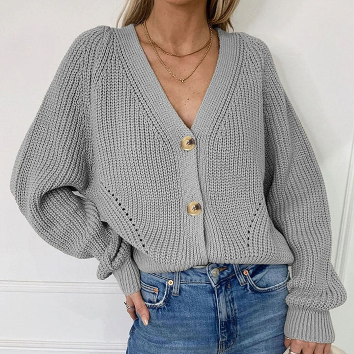 Women's Oversized Knit Cardigan V-Neck Button-Up Balloon Sleeve