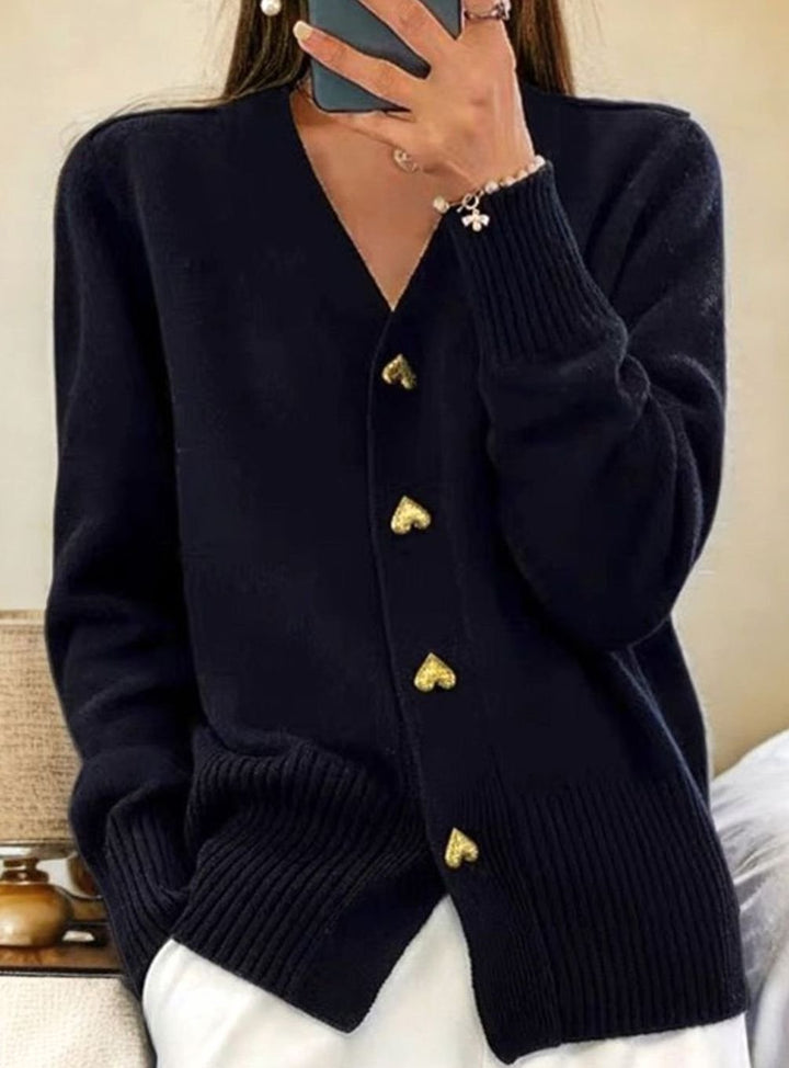 Women's Oversized Knit Cardigan V-Neck Gold Heart-Button Jumper