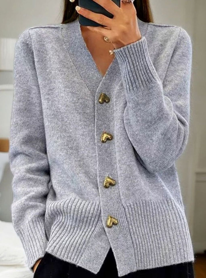 Women's Oversized Knit Cardigan V-Neck Gold Heart-Button Jumper