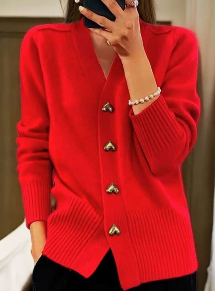 Women's Oversized Knit Cardigan V-Neck Gold Heart-Button Jumper