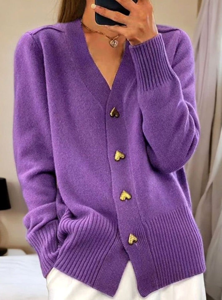 Women's Oversized Knit Cardigan V-Neck Gold Heart-Button Jumper