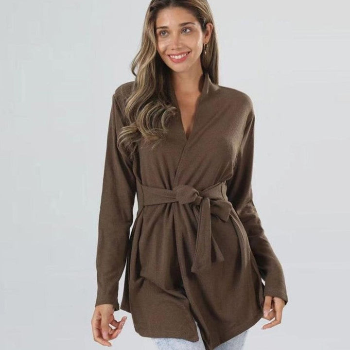 Women's Oversized Knit Cardigan V-Neck Long Sleeve Tie-Waist Wrap Top