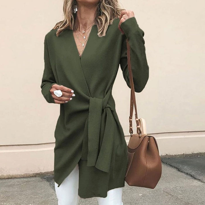 Women's Oversized Knit Cardigan V-Neck Long Sleeve Tie-Waist Wrap Top