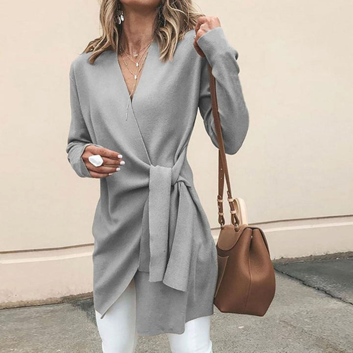 Women's Oversized Knit Cardigan V-Neck Long Sleeve Tie-Waist Wrap Top