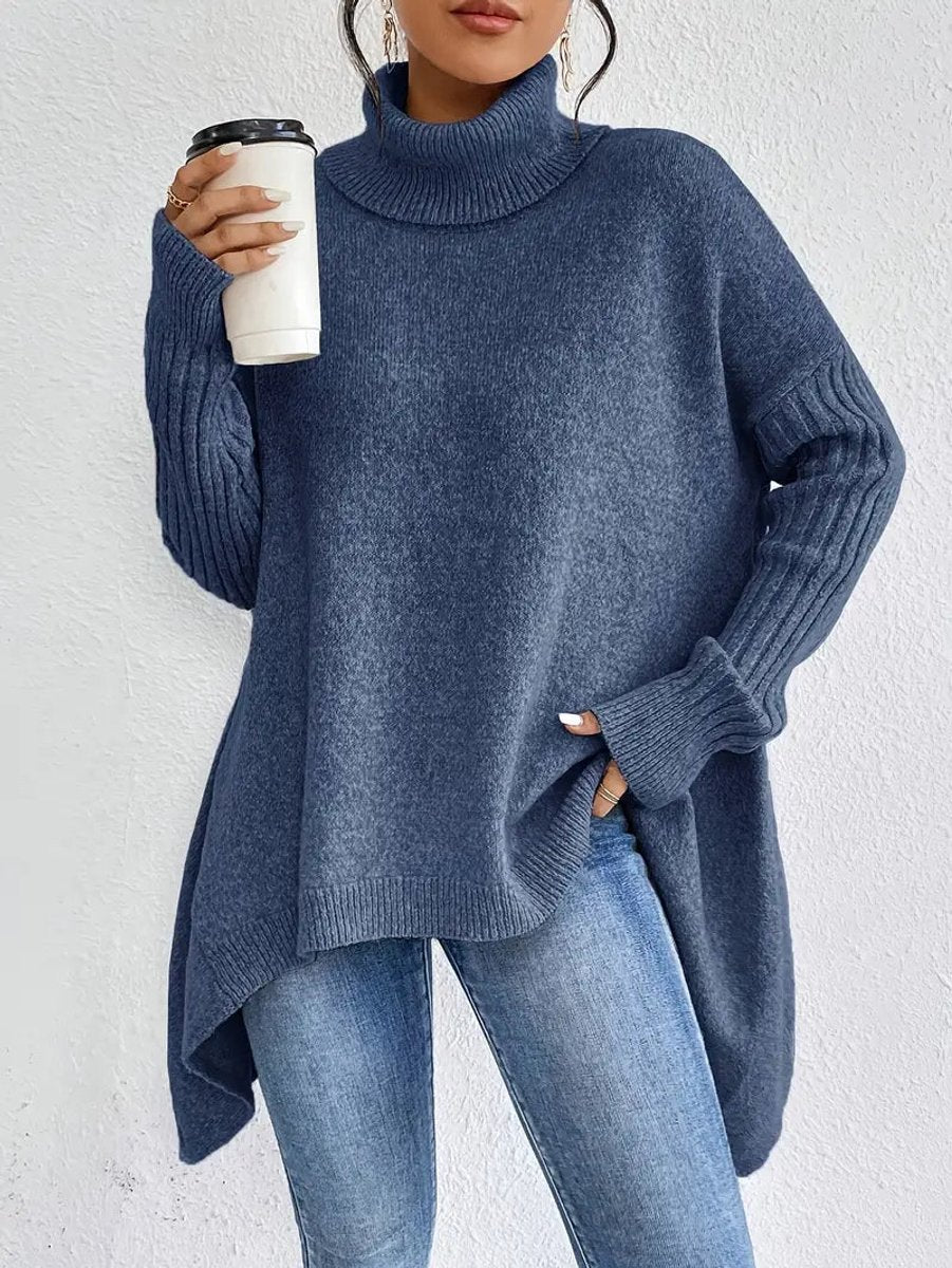 Women's Oversized Long Ribbed Turtleneck Jumper High-Low Hem