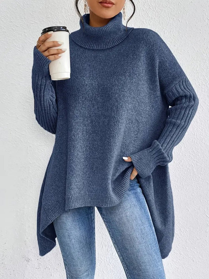 Women's Oversized Long Ribbed Turtleneck Jumper High-Low Hem