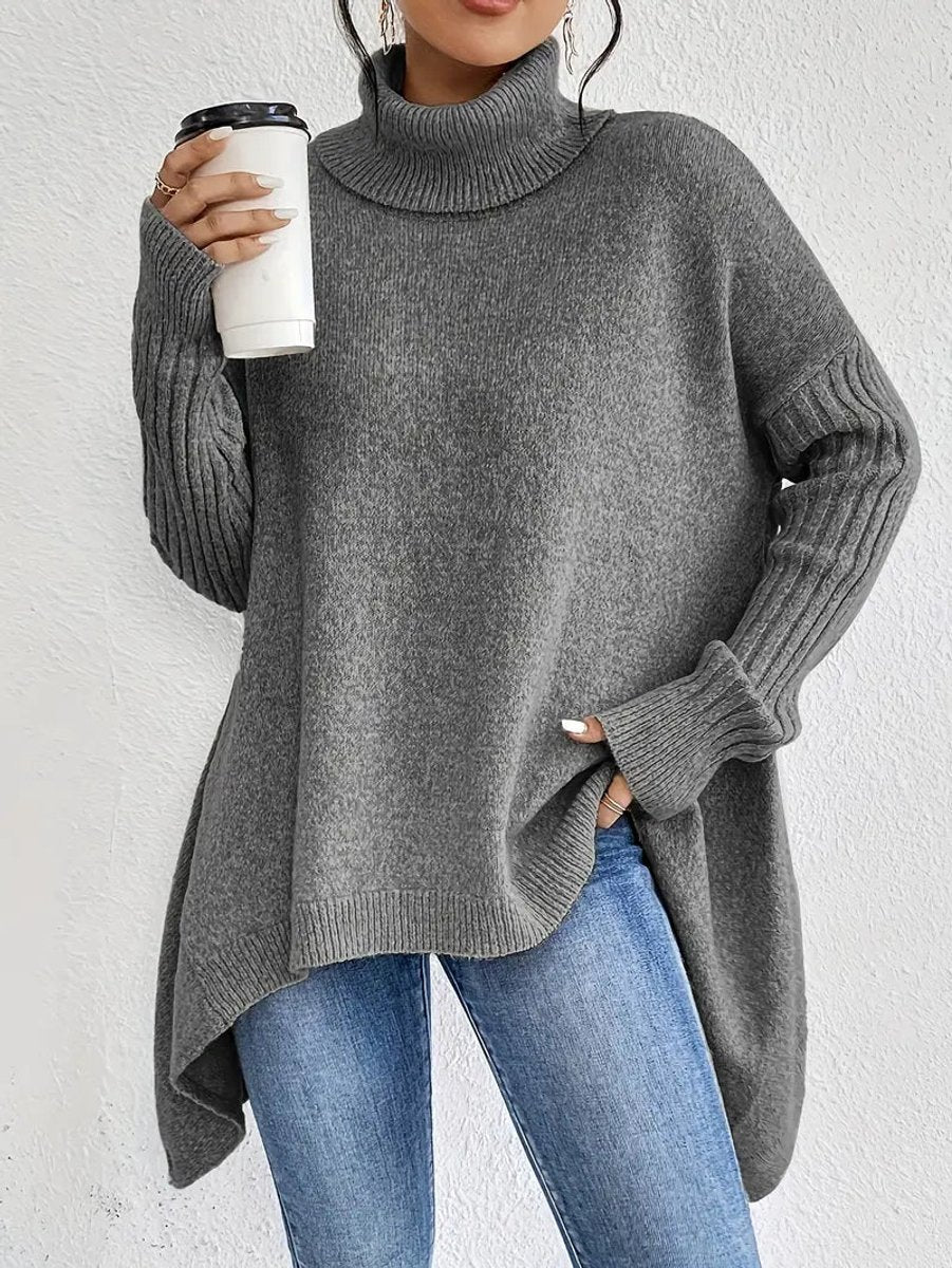 Women's Oversized Long Ribbed Turtleneck Jumper High-Low Hem