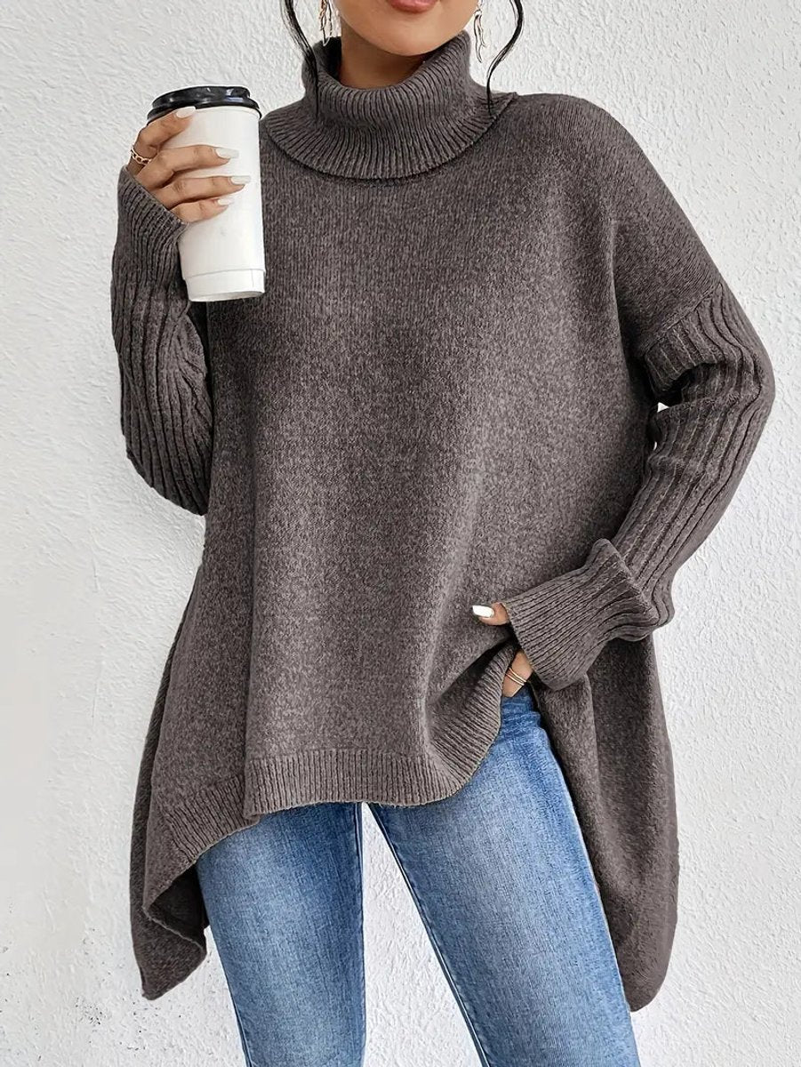 Women's Oversized Long Ribbed Turtleneck Jumper High-Low Hem