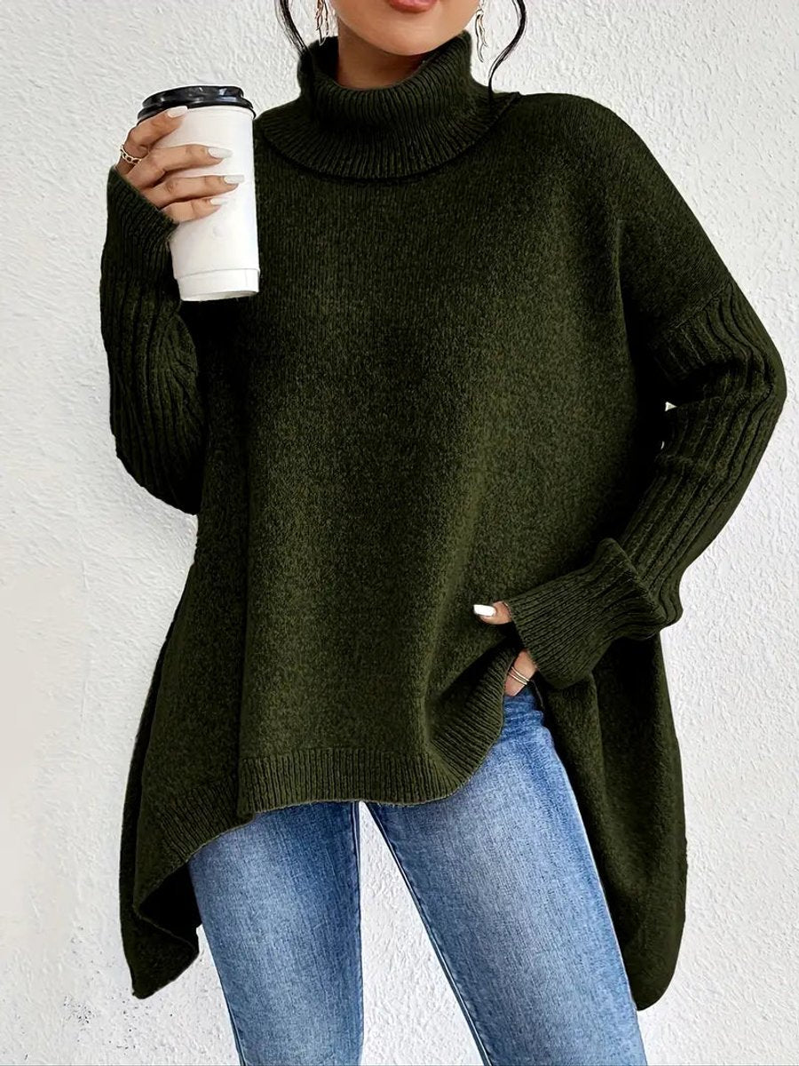 Women's Oversized Long Ribbed Turtleneck Jumper High-Low Hem