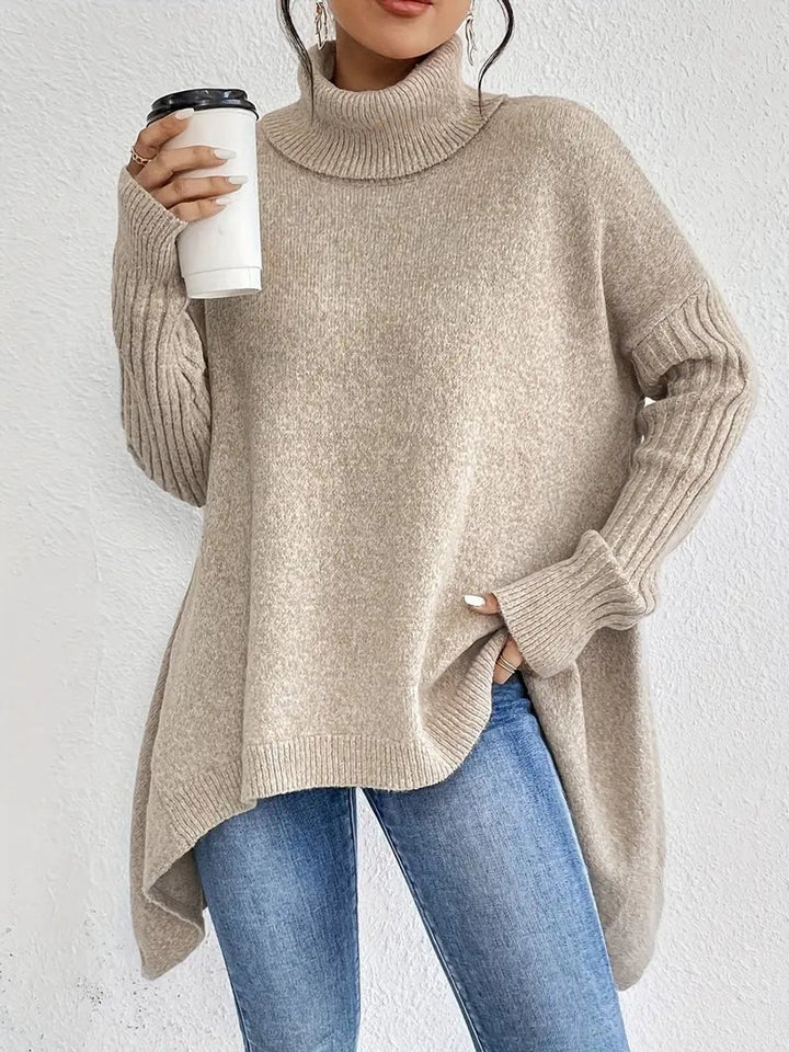 Women's Oversized Long Ribbed Turtleneck Jumper High-Low Hem