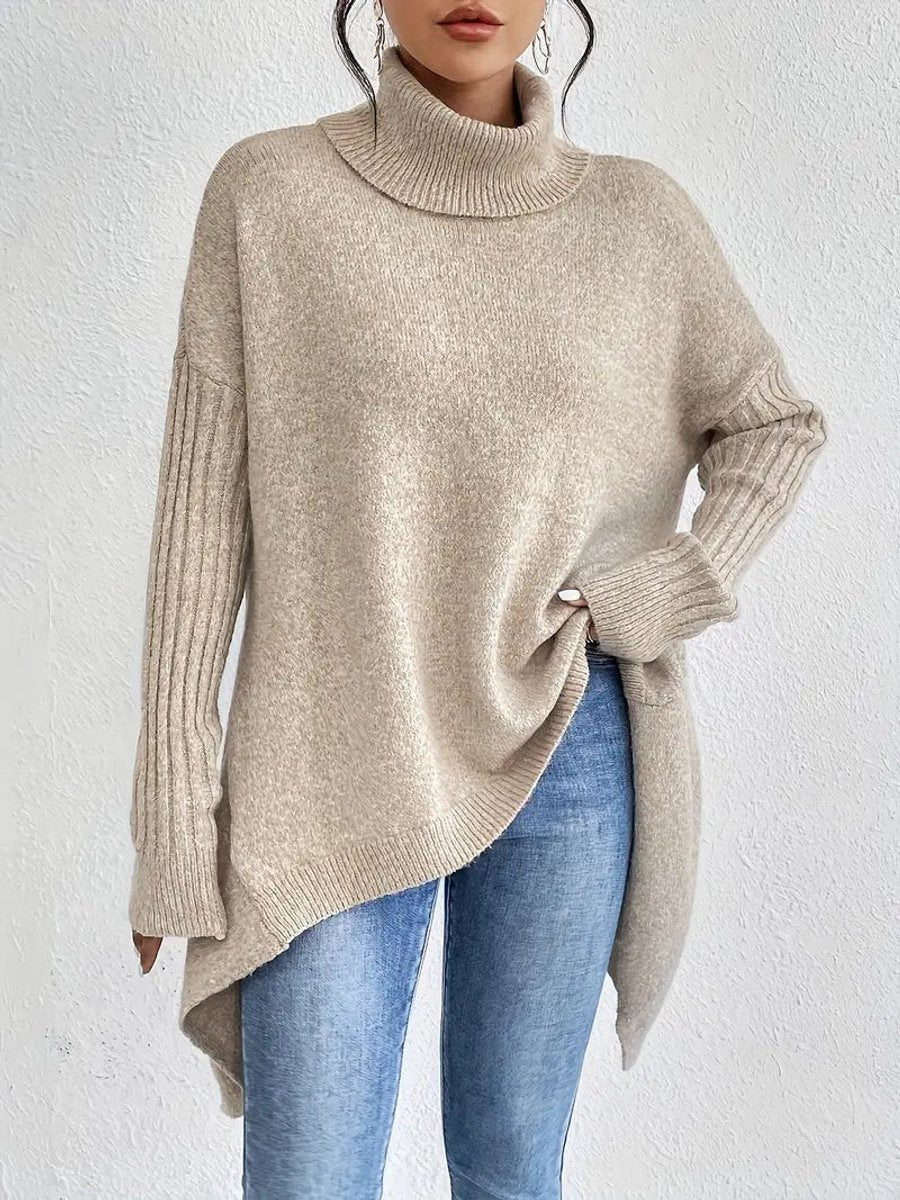 Women's Oversized Long Ribbed Turtleneck Jumper High-Low Hem