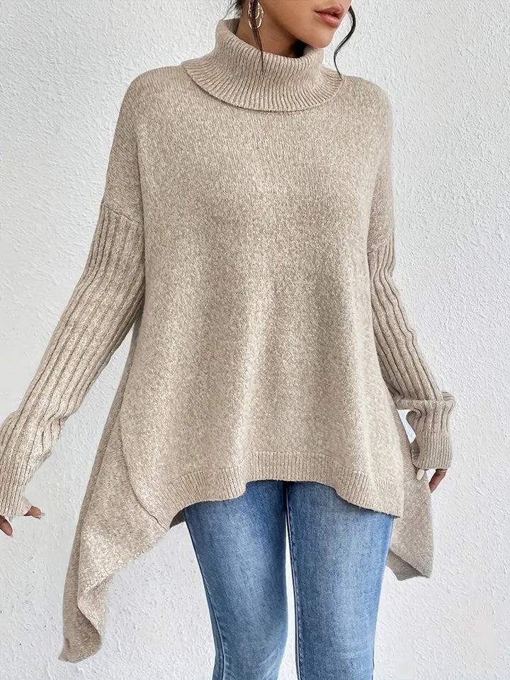 Women's Oversized Long Ribbed Turtleneck Jumper High-Low Hem