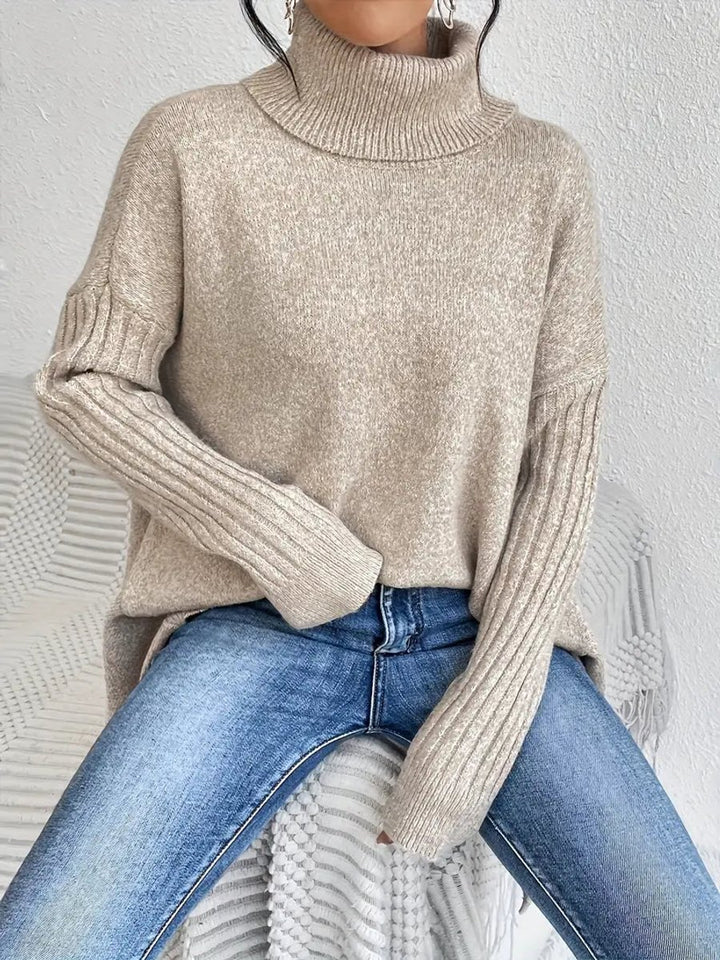 Women's Oversized Long Ribbed Turtleneck Jumper High-Low Hem
