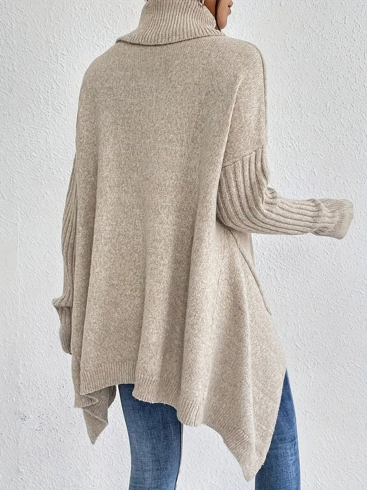 Women's Oversized Long Ribbed Turtleneck Jumper High-Low Hem