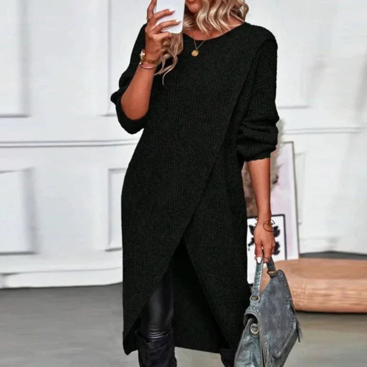 Women's Oversized Long-Sleeve Split-Hem Knitted Dress
