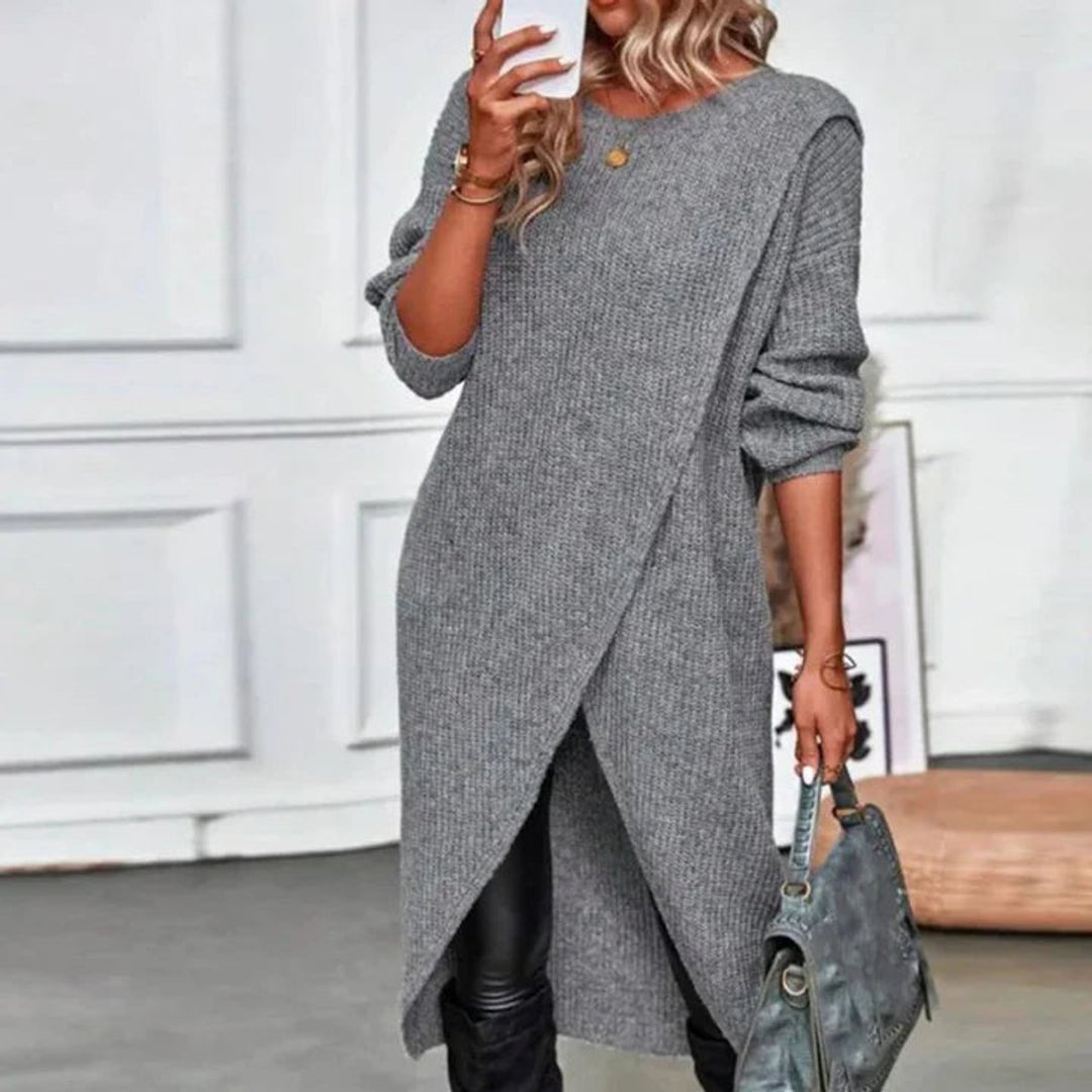 Women's Oversized Long-Sleeve Split-Hem Knitted Dress