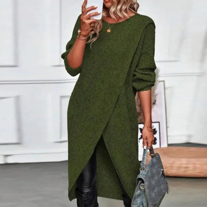Women's Oversized Long-Sleeve Split-Hem Knitted Dress