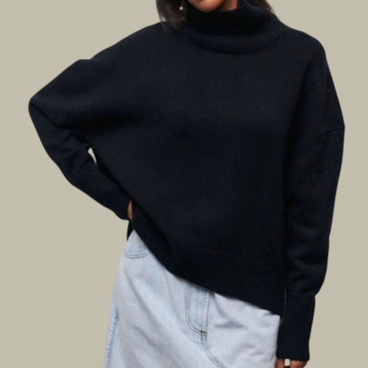 Women's Oversized Loose Fit Turtlenecks Chunky Knit Winter Jumper - Black