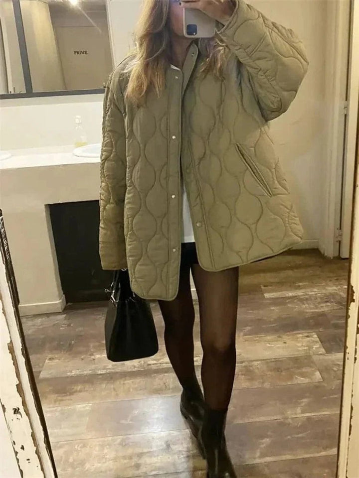 Women's Oversized Quilted Button-Up Padded Coat - Olive Green