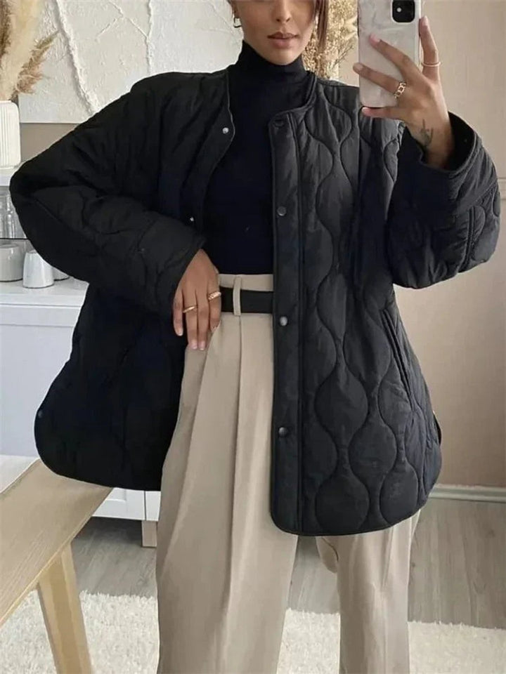 Women's Oversized Quilted Button-Up Padded Coat - Black