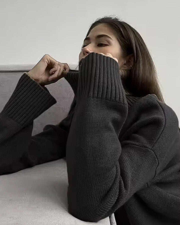 Women's Oversized Ribbed-Cuff Knit Turtleneck Jumper