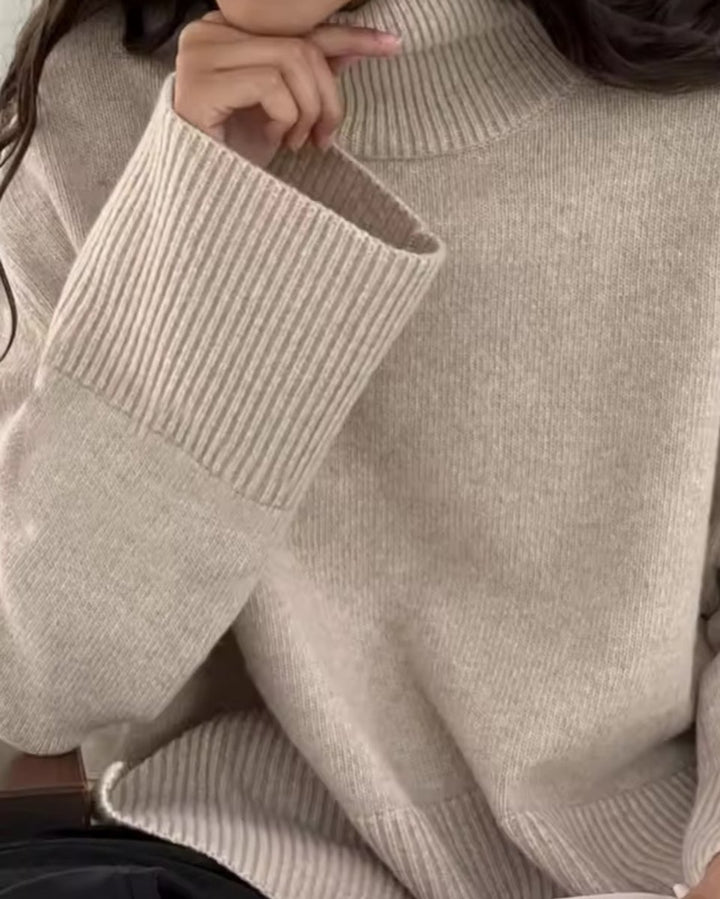 Women's Oversized Ribbed-Cuff Knit Turtleneck Jumper