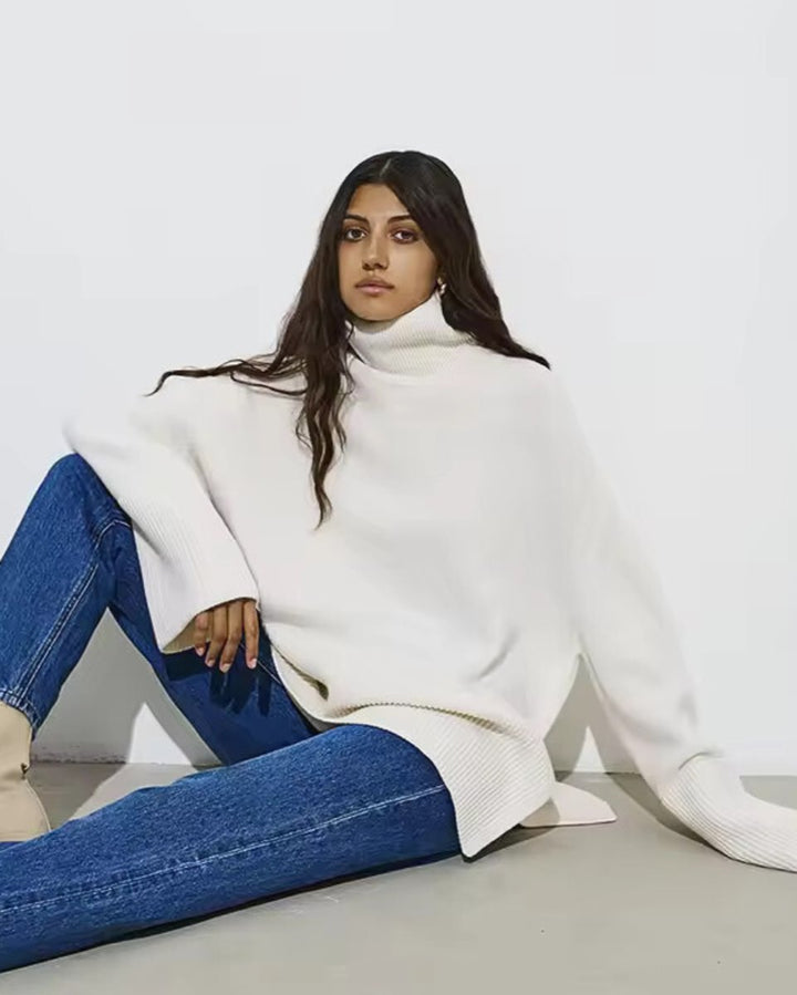 Women's Oversized Ribbed-Cuff Knit Turtleneck Jumper