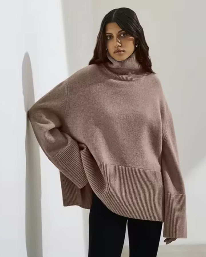 Women's Oversized Ribbed-Cuff Knit Turtleneck Jumper