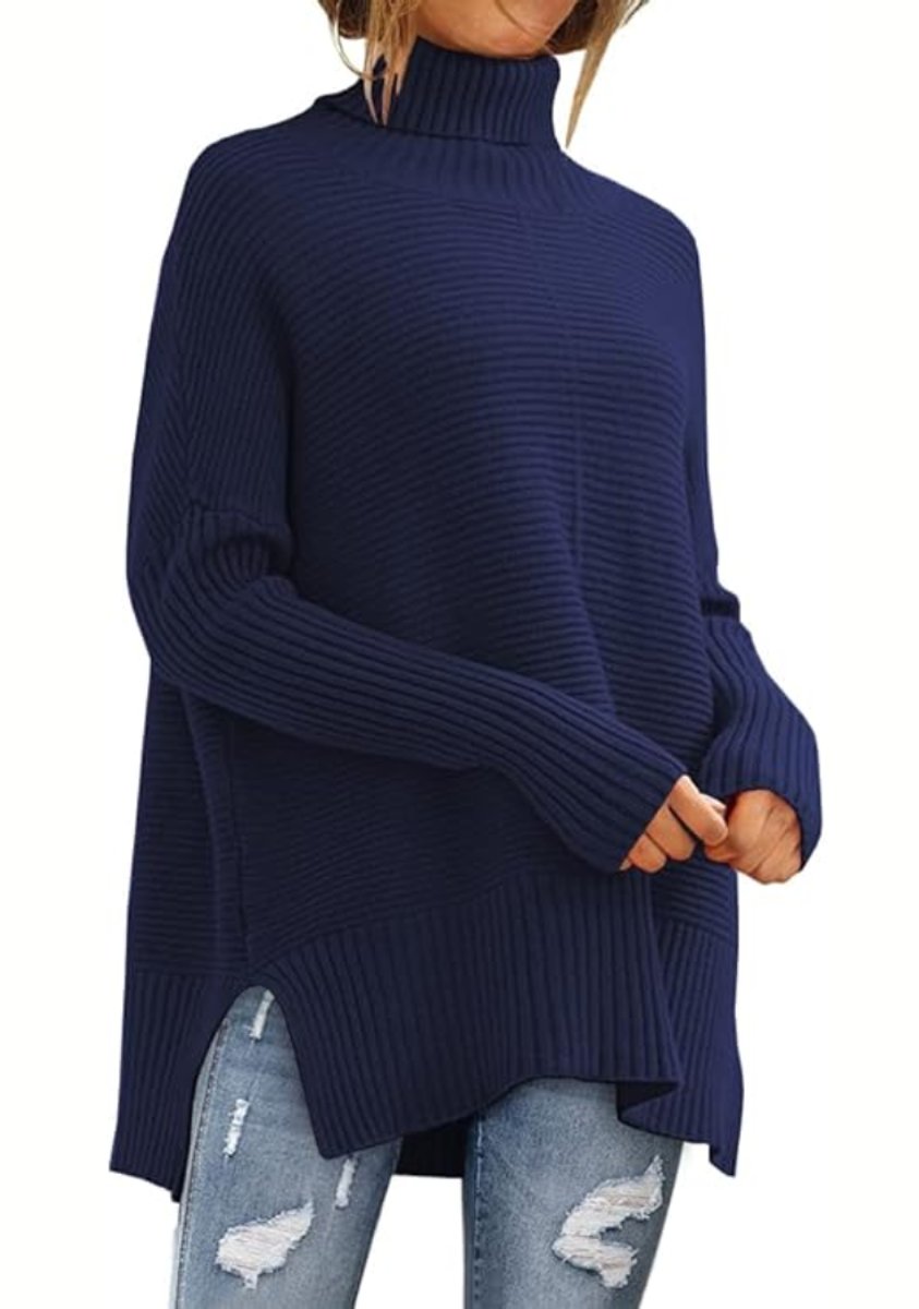 Women's Oversized Ribbed Knit Turtleneck Jumper High-Low Hem