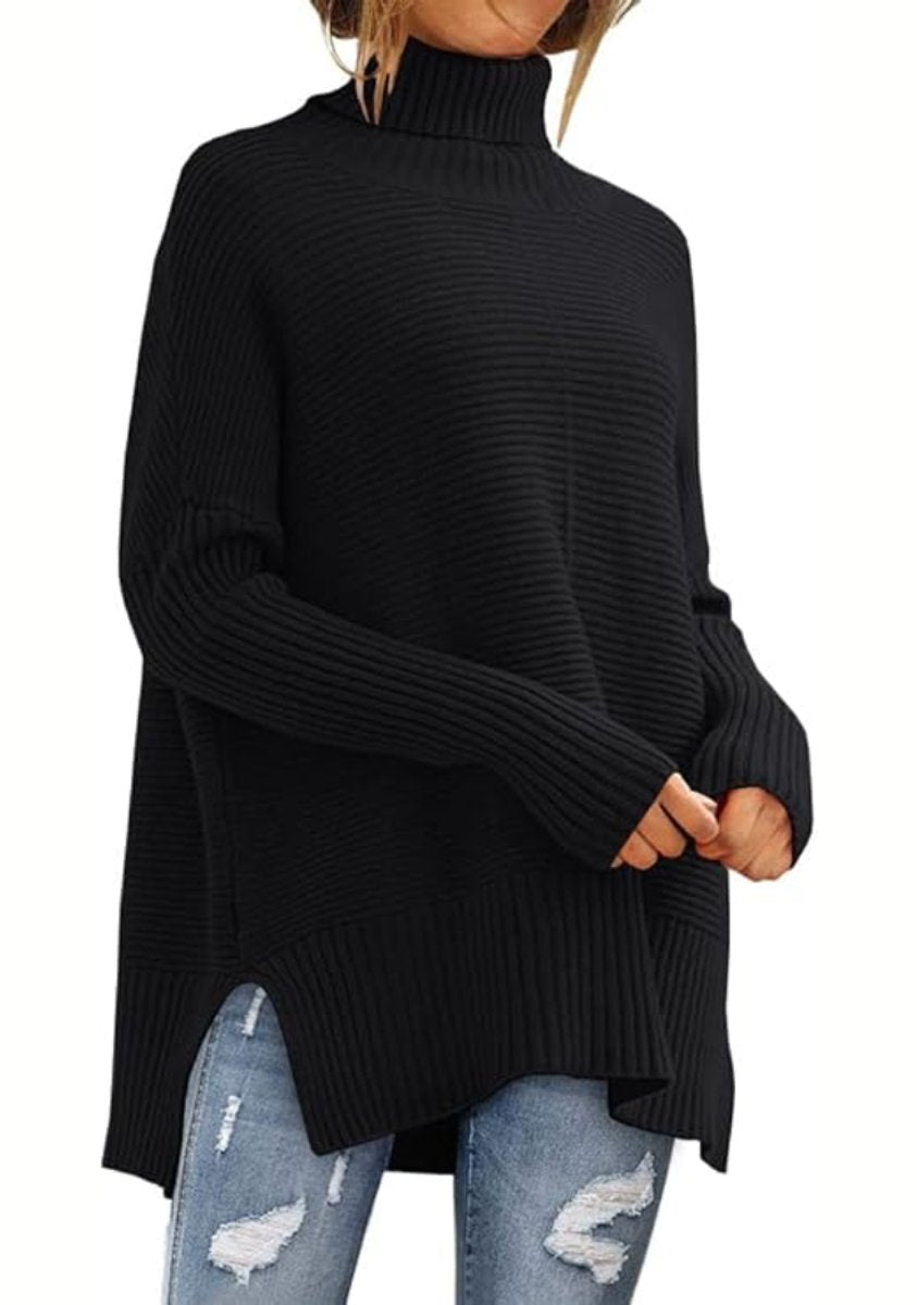 Women's Oversized Ribbed Knit Turtleneck Jumper High-Low Hem