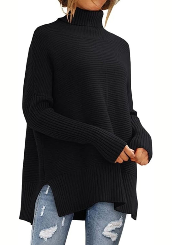 Women's Oversized Ribbed Knit Turtleneck Jumper High-Low Hem