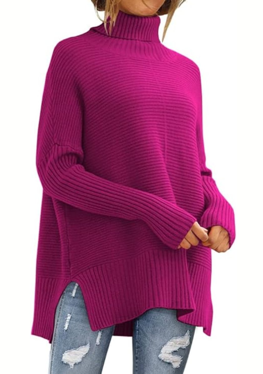 Women's Oversized Ribbed Knit Turtleneck Jumper High-Low Hem