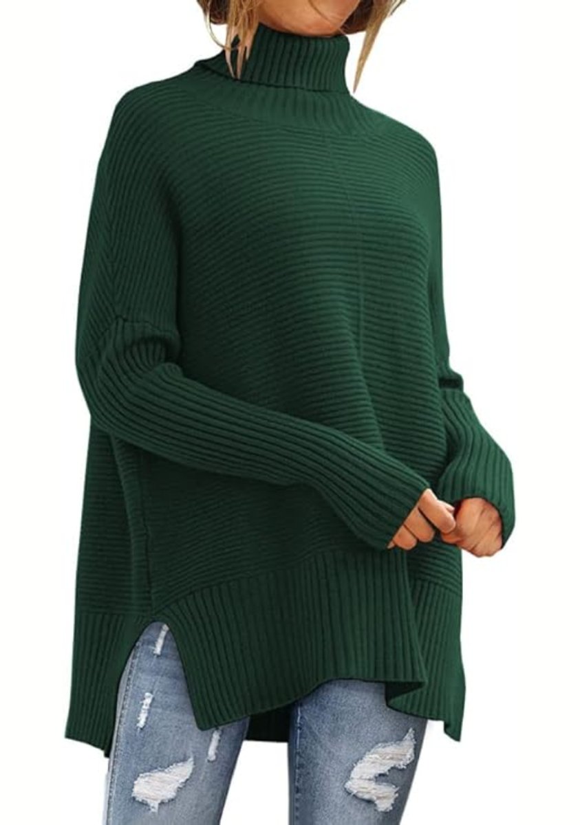 Women's Oversized Ribbed Knit Turtleneck Jumper High-Low Hem