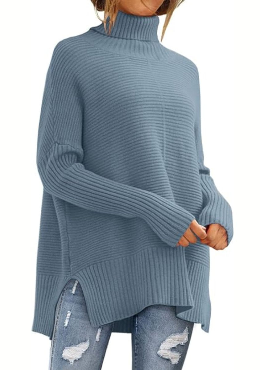 Women's Oversized Ribbed Knit Turtleneck Jumper High-Low Hem