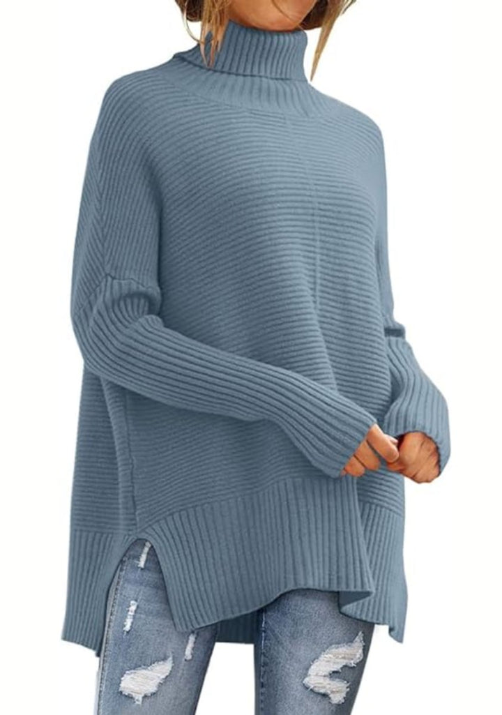 Women's Oversized Ribbed Knit Turtleneck Jumper High-Low Hem