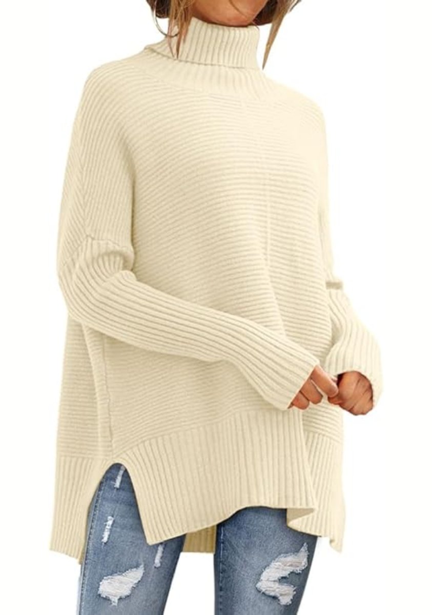 Women's Oversized Ribbed Knit Turtleneck Jumper High-Low Hem