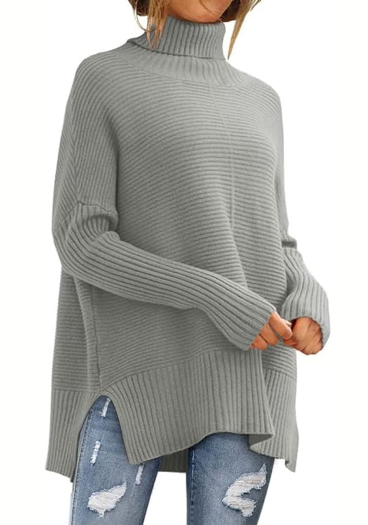 Women's Oversized Ribbed Knit Turtleneck Jumper High-Low Hem
